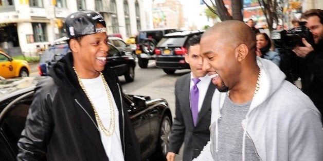 NEW YORK, NY - APRIL 22: Jay Z and Kanye Westare seen in Soho on April 22, 2013 in New York City. (Photo by Alo Ceballos/FilmMagic)