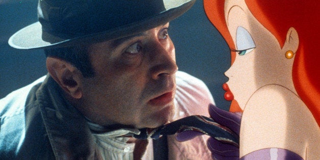 Bob Hoskins is seduced by Jessica Rabbit in a scene from the film 'Who Framed Roger Rabbit', 1988. (Photo by Buena Vista/Getty Images)