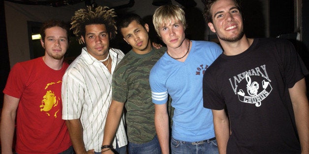 Jacob Underwood, Trevor Penick, Erik-Michael Estrada, Ashley Parker Angel, and Dan Miller of O-Town (Photo by KMazur/WireImage)