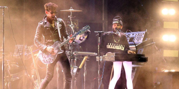 INDIO, CA - APRIL 18: Musician Dave 1 and P-Thugg of Chromeo perform onstage during day 1 of the 2014 Coachella Valley Music & Arts Festival at the Empire Polo Club on April 18, 2014 in Indio, California (Photo by Dave Mangels/Getty Images for Coachella)