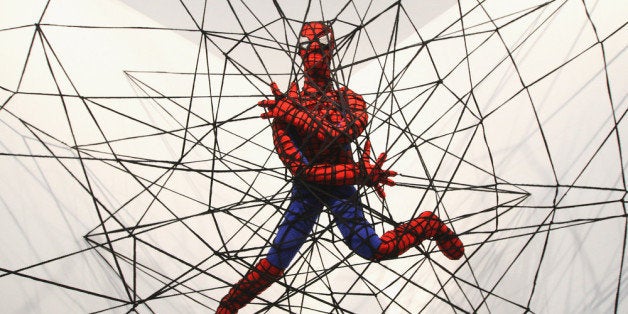 BERLIN, GERMANY - APRIL 26: The knitted sculpture 'Spiderman' by Patricia Waller, featuring the comic book character as an i