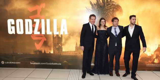 LONDON, ENGLAND - MAY 11: (EMBARGOED FOR PUBLICATION IN UK TABLOID NEWSPAPERS UNTIL 48 HOURS AFTER CREATE DATE AND TIME. MANDATORY CREDIT PHOTO BY DAVE M. BENETT/WIREIMAGE REQUIRED) (L to R) Bryan Cranston, Elizabeth Olsen, director Gareth Edwards and Aaron Taylor-Johnson attend the European premiere of 'Godzilla' at Odeon Leicester Square on May 11, 2014 in London, England. (Photo by Dave M. Benett/WireImage)