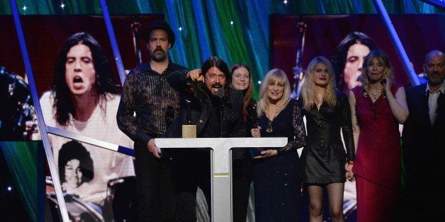NEW YORK, NY - APRIL 10: Dave Grohl of Nirvana speaks onstage at the 29th Annual Rock And Roll Hall Of Fame Induction Ceremony at Barclays Center of Brooklyn on April 10, 2014 in New York City. (Photo by Larry Busacca/Getty Images)