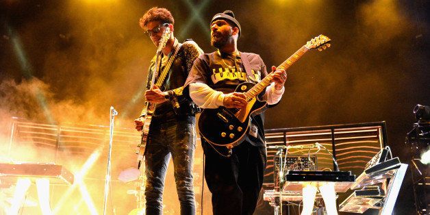 INDIO, CA - APRIL 11: Musicians Dave 1 (L) and P-Thugg of Chromeo perform onstage during day 1 of the 2014 Coachella Valley Music & Arts Festival at the Empire Polo Club on April 11, 2014 in Indio, California. (Photo by Kevin Winter/Getty Images for Coachella)