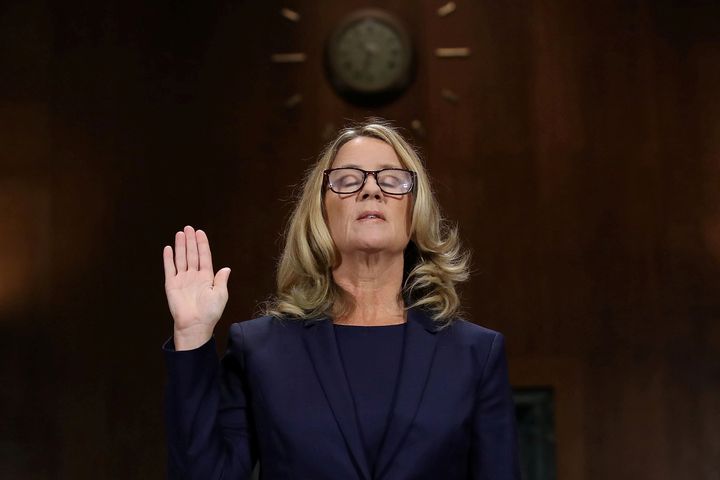 Christine Blasey Ford is sworn in before testifying at the Senate Judiciary Committee last Thursday.