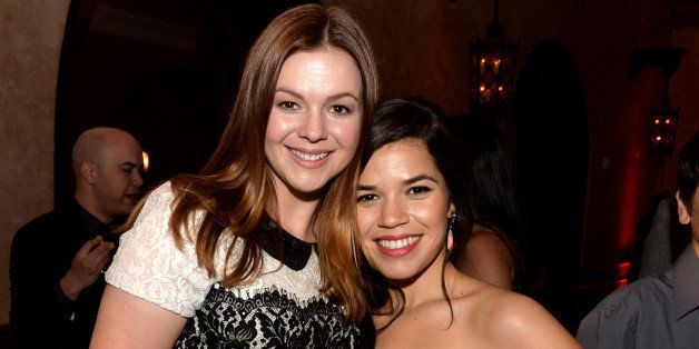 LOS ANGELES, CA - MARCH 20: Actresses Amber Tamblyn (L) and America Ferrera arrive at the after party for the premiere of Pantelion Films and Participant Media's 'Cesar Chavez' at the Roosevelt Hotel on March 20, 2014 in Los Angeles, California. (Photo by Kevin Winter/Getty Images)
