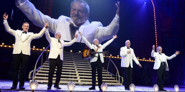 LONDON, ENGLAND - JULY 01: (EXCLUSIVE COVERAGE) (L-R) Michael Palin, Terry Gilliam, Eric Idle, John Cleese and Terry Jones bow to the crowd after their opening night of 'Monty Python Live (Mostly)' on July 1, 2014 in London, England. (Photo by Dave J Hogan/Getty Images)