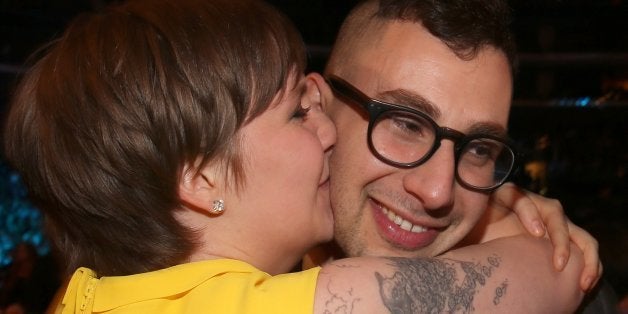 LOS ANGELES, CA - FEBRUARY 10: Actress Lena Dunham (L) and guitarist Jack Antonoff of fun. attend the 55th Annual GRAMMY Awa