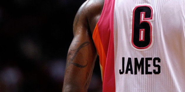 MIAMI, FL - FEBRUARY 07: LeBron James #6 of the Miami Heat looks on during a game against the Cleveland Cavaliers at America