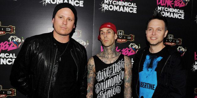 WEST HOLLYWOOD, CA - MAY 23: (L-R) Musicians Tom DeLonge, Travis Barker and Mark Hoppus of blink-182 pose at a press party of announce the 2011 Honda Civic Tour featuring blink-182 and My Chemical Romance at the Rainbow Bar and Grill on May 23, 2011 in West Hollywood, California. (Photo by Kevin Winter/Getty Images)