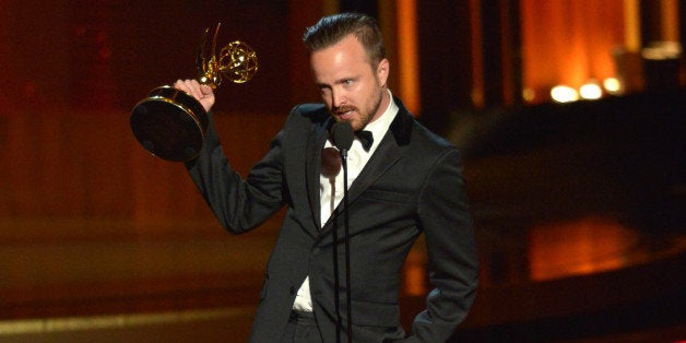 LOS ANGELES, CA - AUGUST 25: Actor Aaron Paul speaks onstage at the 66th Annual Primetime Emmy Awards held at Nokia Theatre L.A. Live on August 25, 2014 in Los Angeles, California. (Photo by Lester Cohen/WireImage)