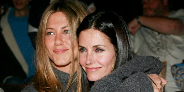 Jennifer Aniston, left, and Courteney Cox pose together at the premiere of "The Tripper" in Los Angeles on Wednesday, April 11, 2007. The film was written and directed by David Arquette. (AP Photo/Matt Sayles)