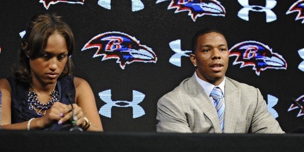 Ravens running back Ray Rice, right, and his wife Janay made statements to the news media May 5, 2014, at the Under Armour Pe