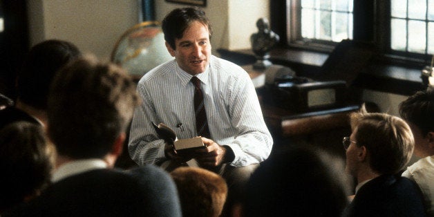 Robin Williams teaching a class in a scene from the film 'Dead Poets Society', 1989. (Photo by Touchstone Pictures/Getty Imag