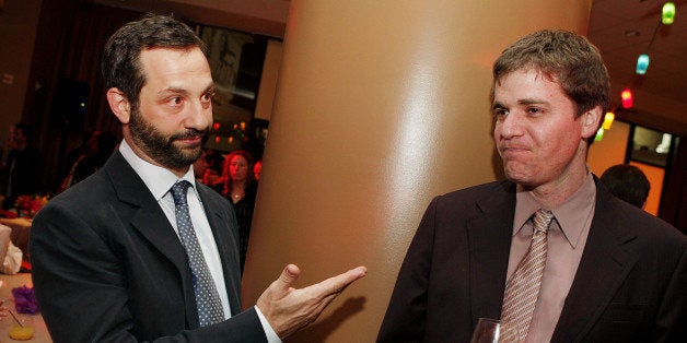 LOS ANGELES - APRIL 10: Producer Judd Apatow (L) and director Nicholas Stoller talk at the afterparty for the premiere of Universal Picture's 'Forgetting Sarah Marshall' at the Annix on April 10, 2008 in Los Angeles, California. (Photo by Kevin Winter/Getty Images)