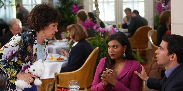 THE MINDY PROJECT -- 'Annette Castellano is My Nemesis' Episode 303 -- Pictured: (l-r) Rhea Pearlman as Annette, Mindy Kaling as Mindy Lahiri, Chris Messina as Danny Castellano -- (Photo by: Jordin Althaus/NBC/NBCU Photo Bank via Getty Images)