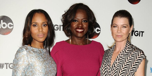 WEST HOLLYWOOD, CA - SEPTEMBER 20: (L-R) Actresses Kerry Washington, Viola Davis and Ellen Pompeo attend the #TGIT premiere