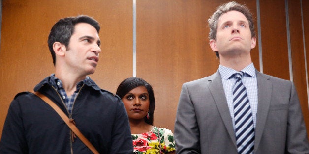 THE MINDY PROJECT -- 'Crimes & Misdemeanors & Ex-BFs' Episode 302 -- Pictured: (l-r) Chris Messina as Danny Castellano, Mindy Kaling as Mindy Lahiri, Glenn Howerton as Cliff -- (Photo by: Jordin Althaus/NBC/NBCU Photo Bank via Getty Images)