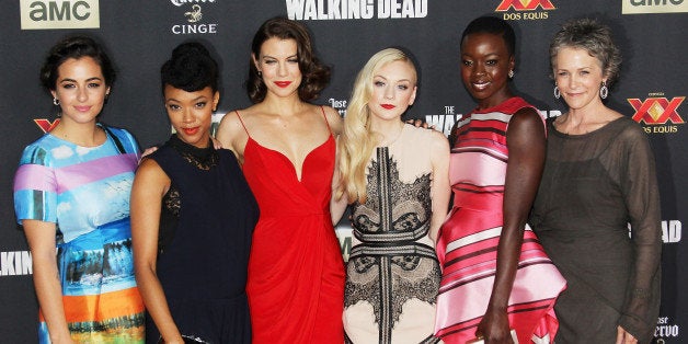 UNIVERSAL CITY, CA - OCTOBER 02: (L-R) Alanna Masterson, Sonequa Martin-Green, Lauren Cohan, Emily Kinney, Danai Gurira and Melissa McBride arrive at AMC's 'The Walking Dead' Season 5 Premiere held at AMC Universal City Walk on October 2, 2014 in Universal City, California. (Photo by Michael Tran/FilmMagic)