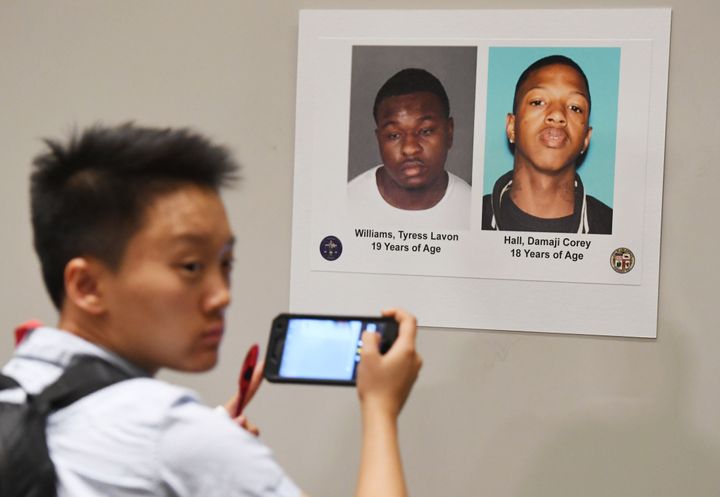 Two of the suspects' pictures were displayed during an LAPD press conference on Tuesday to announce the arrest of four suspects in connection with a spate of high-profile burglaries at the homes of singers, sportsmen and other celebrities.