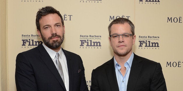 SANTA BARBARA, CA - JANUARY 25: Actors Ben Affleck (L) and Matt Damon visit The Moet & Chandon Lounge at The Santa Barbara International Film Festival on January 25, 2013 in Santa Barbara, California. (Photo by Michael Kovac/WireImage)