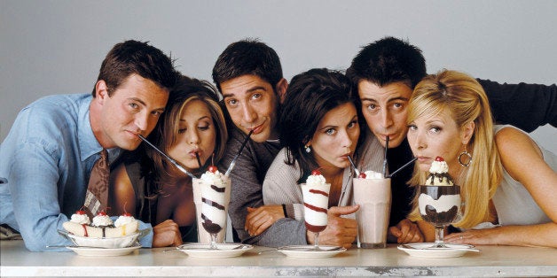 FRIENDS -- Pictured: (l-r) Matthew Perry as Chandler Bing, Jennifer Aniston as Rachel Green, David Schwimmer as Ross Geller,