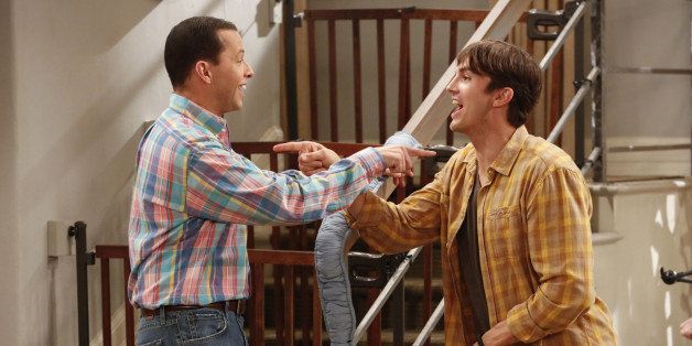 LOS ANGELES - SEPTEMBER 5: 'Thirty-eight, sixty-two, thirty-eight' -- Walden and Alan meet a birth mother who's considering them to adopt her baby, on TWO AND A HALF MEN, Thursday, November 20, 2014 (9:00-9:30PM, ET/PT), on the CBS Television Network. Pictured L-R: Jon Cryer as Alan Harper and Ashton Kutcher as Walden Schmidt (Photo by Robert Voets/CBS via Getty Images) 