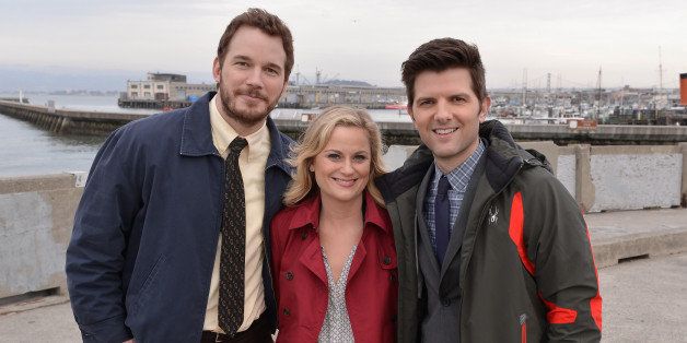 PARKS AND RECREATION -- 'Moving Up' Episode 621/622 -- Pictured: (l-r) Chris Pratt as Andy Dwyer, Amy Poehler as Leslie Knope, Adam Scott as Ben Wyatt -- (Photo by: Steve Jennings/NBC/NBCU Photo Bank via Getty Images)
