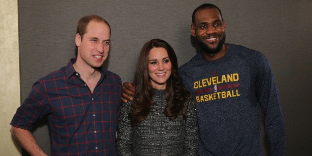 NEW YORK, NY - DECEMBER 08: Prince William, Duke of Cambridge and Catherine, Duchess of Cambridge pose with basketball player LeBron James (R) backstage as they attend the Cleveland Cavaliers vs. Brooklyn Nets game at Barclays Center on December 8, 2014 in the Brooklyn borough of New York City. (Photo by Neilson Barnard/Getty Images)