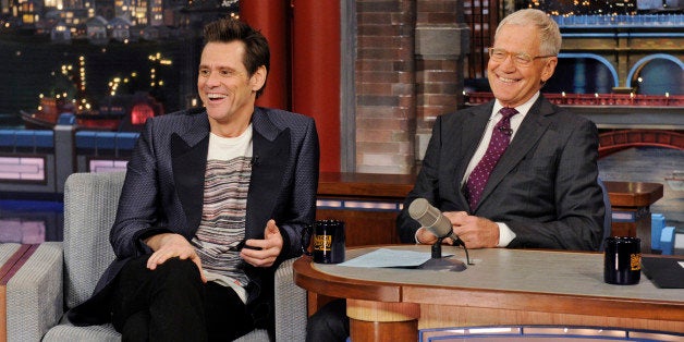 NEW YORK - OCTOBER 29: Actor Jim Carrey shares a laugh with Dave on the Late Show with David Letterman, Wednesday Oct. 29, 20
