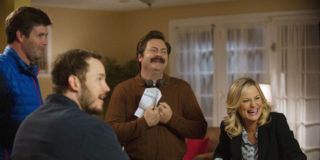 PARKS AND RECREATION -- 'Flu Season 2' Episode 619 -- Pictured: (l-r) Morgan Sackett (Executive Producer), Chris Pratt as Andy Dwyer, Nick Offerman as Ron Swanson, Amy Poehler as Leslie Knope -- (Photo by: Colleen Hayes/NBC/NBCU Photo Bank via Getty Images)