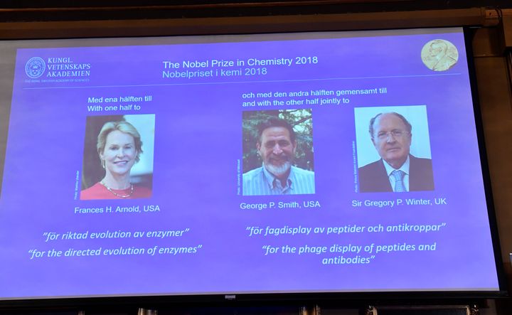 The 2018 Nobel Prize laureates for chemistry are shown on the screen from left, Frances H. Arnold of the U.S., George P. Smith of the U.S., and Gregory P. Winter of Britain, during the announcement at the Royal Swedish Academy of Sciences in Stockholm, on Oct. 3.