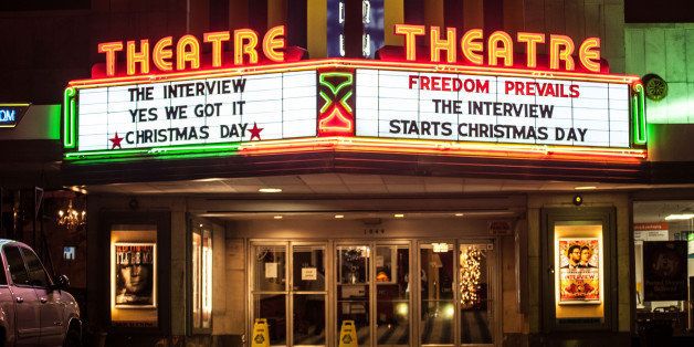 ATLANTA, GA - DECEMBER 25: General view of the Plaza Theatre marquee during Sony Pictures' release of 'The Interview' at the Plaza Theatre on, Christmas Day, December 25, 2014 in Atlanta, Georgia. Sony hackers have been releasing stolen information and threatened attacks on theaters that screened the film. (Photo by Marcus Ingram/Getty Images)