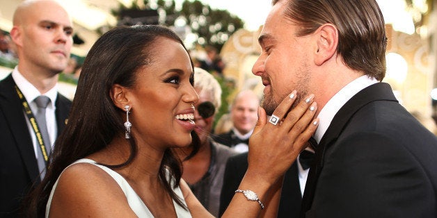 BEVERLY HILLS, CA - JANUARY 12: 71st ANNUAL GOLDEN GLOBE AWARDS -- Pictured: (l-r) Actors Kerry Washington and Leonardo DiCaprio arrive to the 71st Annual Golden Globe Awards held at the Beverly Hilton Hotel on January 12, 2014 -- (Photo by Christopher Polk/NBC/NBC via Getty Images)