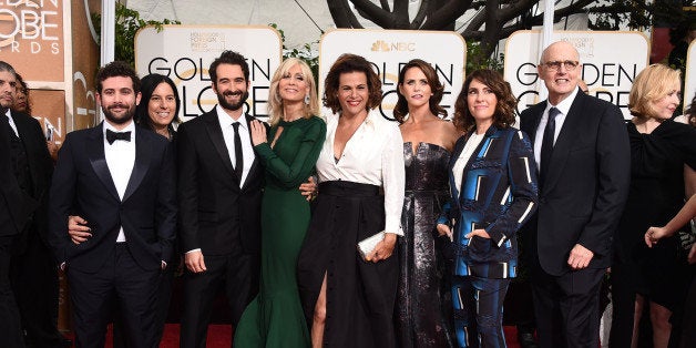 Joe Lewis, from left, Andrea Sperling, Jay Duplass, Judith Light, Alexandra Billings, Amy Landecker, Jill Soloway, and Jeffrey Tambor arrive at the 72nd annual Golden Globe Awards at the Beverly Hilton Hotel on Sunday, Jan. 11, 2015, in Beverly Hills, Calif. (Photo by Jordan Strauss/Invision/AP)