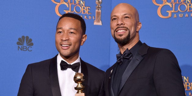 BEVERLY HILLS, CA - JANUARY 11: Recording artists John Legend (L) and Common, winners of Best Original Song - Motion Picture for 'Glory' (from 'Selma'), pose in the press room during the 72nd Annual Golden Globe Awards at The Beverly Hilton Hotel on January 11, 2015 in Beverly Hills, California. (Photo by Kevin Winter/Getty Images)