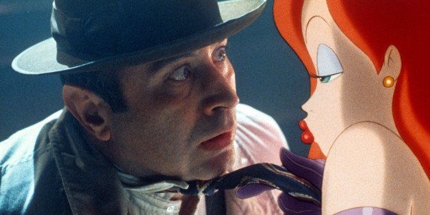 Bob Hoskins is seduced by Jessica Rabbit in a scene from the film 'Who Framed Roger Rabbit', 1988. (Photo by Buena Vista/Getty Images)