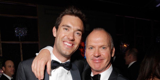 Sean Douglas and Michael Keaton are seen at FOX's 72nd annual Golden Globe Awards Party at the Beverly Hilton Hotel on Sunday