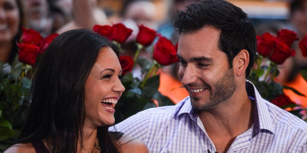 NEW YORK, NY - AUGUST 06: TV personalities Desiree Hartsock (L) and Chris Siegfried tape an interview at 'Good Morning Ameri