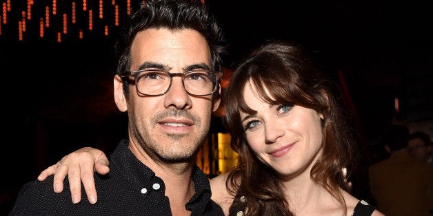 LOS ANGELES, CA - SEPTEMBER 10: Jacob Pechenik (L) and actress Zooey Deschanel pose at the after party for the premiere of Roadside Attractions' 'The Skeleton Twins' at The Argyle on September 10, 2014 in Los Angeles, California. (Photo by Kevin Winter/Getty Images)