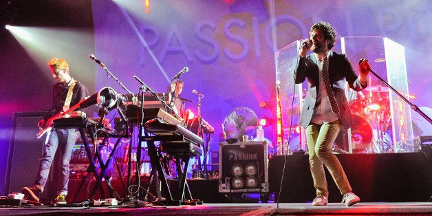 LOS ANGELES, CA - OCTOBER 25: Jeff Apruzzese (L) and Michael Angelakos of Passion Pit perform at The Greek Theatre on October 25, 2013 in Los Angeles, California. (Photo by Noel Vasquez/Getty Images)