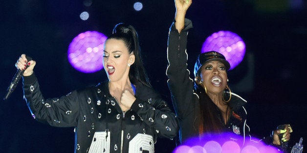 GLENDALE, AZ - FEBRUARY 01: Recording artists Katy Perry (L) and Missy Elliott perform onstage during the Pepsi Super Bowl XLIX Halftime Show at University of Phoenix Stadium on February 1, 2015 in Glendale, Arizona. (Photo by Jeff Kravitz/FilmMagic)