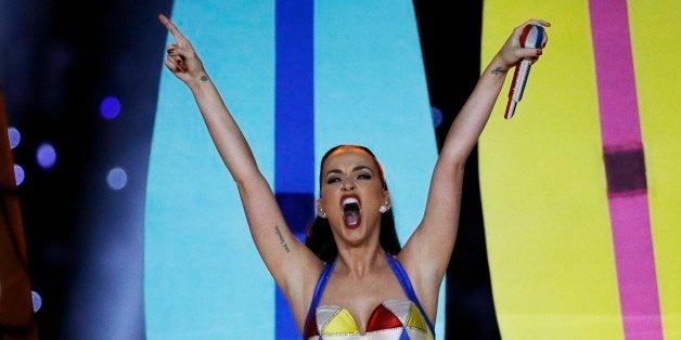 Singer Katy Perry performs during halftime of NFL Super Bowl XLIX football game between the Seattle Seahawks and the New England Patriots Sunday, Feb. 1, 2015, in Glendale, Ariz. (AP Photo/David J. Phillip)