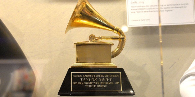 LOS ANGELES, CA - DECEMBER 12: Atmosphere shot of a GRAMMY Award belonging to Taylor Swift at media preview day of 'The Tayl