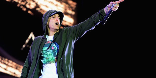 CHICAGO, IL - AUGUST 01: Eminem performs at Samsung Galaxy stage during 2014 Lollapalooza Day One at Grant Park on August 1, 2014 in Chicago, Illinois. (Photo by Theo Wargo/Getty Images)