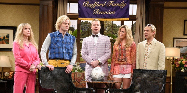 SATURDAY NIGHT LIVE 40TH ANNIVERSARY SPECIAL -- Pictured: (l-r) Laraine Newman, Bill Hader, Taran Killam, Kristen Wiig, Fred Armisen during The Californians on February 15, 2015 -- (Photo by: Dana Edelson/NBC/NBCU Photo Bank via Getty Images)