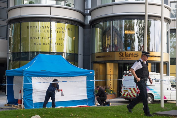 Police at the scene outside the Corniche, a luxury block of flats on the Albert Embankment, central London, on Tuesday.