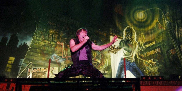 NO MERCHANDISING: Bruce Dickinson of Iron Maiden performing on the Main Stage at the Reading Festival, Sunday 28 August 2005.