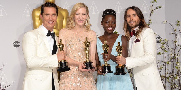 HOLLYWOOD, CA - MARCH 02: (L-R) Actors Matthew McConaughey winner of Best Performance by an Actor in a Leading Role, Cate Blanchett winner of Best Performance by an Actress in a Leading Role, Lupita Nyong'o winner of Best Performance by an Actress in a Supporting Role and Jared Leto winner of Best Performance by an Actor in a Supporting Role pose in the press room during the Oscars at Loews Hollywood Hotel on March 2, 2014 in Hollywood, California. (Photo by Jason Merritt/Getty Images)