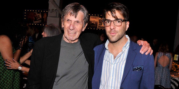 NEW YORK, NY - JUNE 04: Actors Leonard Nimoy (L) and Zachary Quinto attend the Sundance Institute New York Benefit 2014 at Stage 37 on June 4, 2014 in New York City. (Photo by Stephen Lovekin/WireImage)